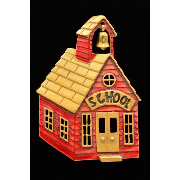 Tara Vintage School Pin Brooch Red Enamel Brushed Gold Signed 1980s Bin4 - Picture 1 of 12